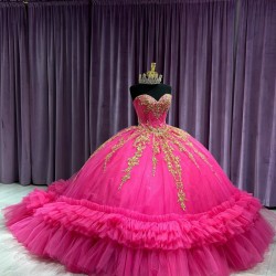 Strapless Ruffle Hot Pink Quince Dresses Sweetheart Neckline 15 Dress