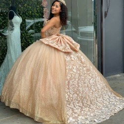 Strapless Shiny Tulle Champagne Quinceanera Dresses With Bowtie