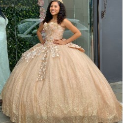 Strapless Shiny Tulle Champagne Quinceanera Dresses With Bowtie