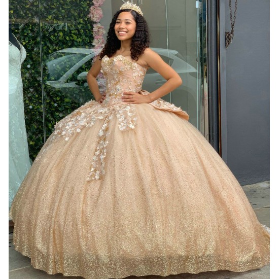 Strapless Shiny Tulle Champagne Quinceanera Dresses With Bowtie