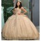 Strapless Shiny Tulle Champagne Quinceanera Dresses With Bowtie