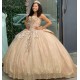 Strapless Shiny Tulle Champagne Quinceanera Dresses With Bowtie