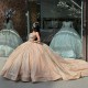 Strapless Tulle Champagne XV Dress With Silver Lace