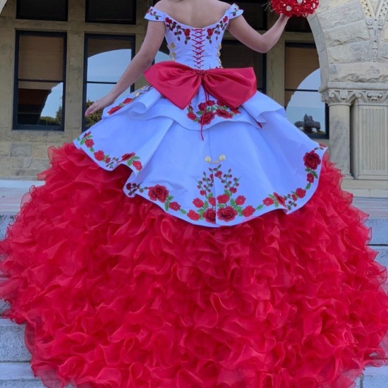 Strapless White And Red Charro Quinceanera Dress With Cape