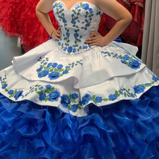 Strapless White And Red Charro Quinceanera Dress With Cape