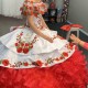 Strapless White And Red Charro Quinceanera Dress With Cape