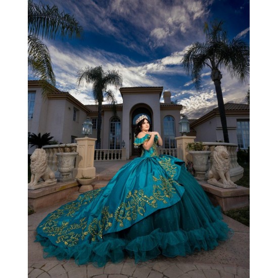 Sweet 15 Gowns Emerald Green Quince Dress Off Shoulder Vestidos De 15 Anos