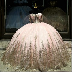 Sweetheart 15 Ball Gown Sequin Pink Quinceanera Dress With Bow