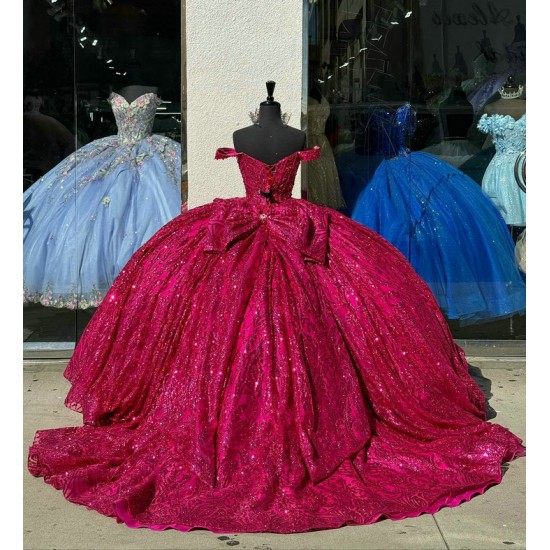 Sweetheart Burgundy Quinceanera Dresses Off Shoulder Ball Gown 15 Dress With Bow