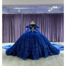 Sweetheart Crystal Navy blue Quinceanera Dresses Off Shoulder Sequin 15 Dress