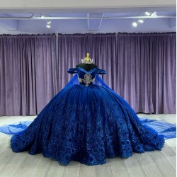 Sweetheart Crystal Navy blue Quinceanera Dresses Off Shoulder Sequin 15 Dress