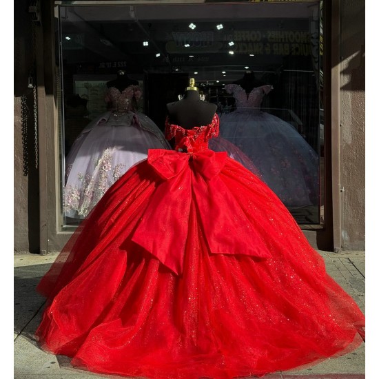 Sweetheart Crystal Red Quinceanera Dresses Off Shoulder 15 Dress With Bow