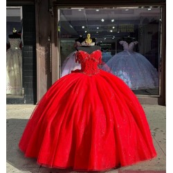 Sweetheart Crystal Red Quinceanera Dresses Off Shoulder 15 Dress With Bow