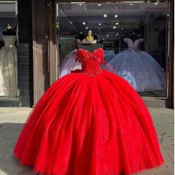 Sweetheart Crystal Red Quinceanera Dresses Off Shoulder 15 Dress With Bow