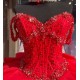 Sweetheart Crystal Red Quinceanera Dresses Off Shoulder 15 Dress With Bow