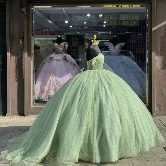 Sweetheart Crystal Sage Green Quinceanera Dresses Off Shoulder 15 Dress