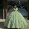 Sweetheart Crystal Sage Green Quinceanera Dresses Off Shoulder 15 Dress