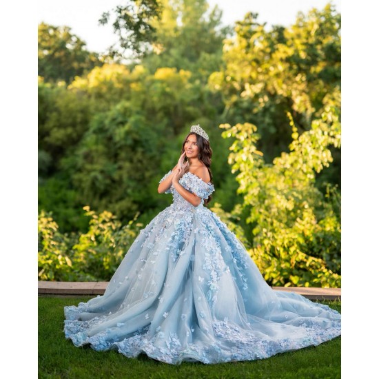 Sweetheart Neck 15 Dress Off Shoulder Sky Blue Quinceanera Dresses With 3D Flowers