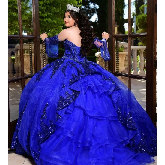 Sweetheart Neck Blue Quince Dresses Metallic Sequin Detachable 15 Dress