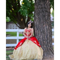 Sweetheart Neck Champagne On Red Quinceanera Dress Sleeveless 15 Dresses