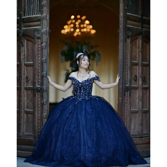 Sweetheart Neck Navy Blue Quinceanera Dress Sequin Off Shoulder 15 Dresses