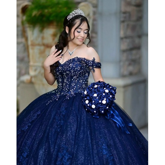 Sweetheart Neck Navy Blue Quinceanera Dress Sequin Off Shoulder 15 Dresses