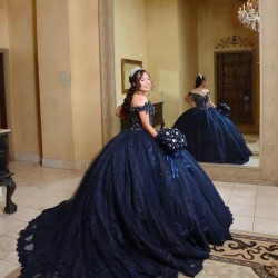 Sweetheart Neck Navy Blue Quinceanera Dress Sequin Off Shoulder 15 Dresses