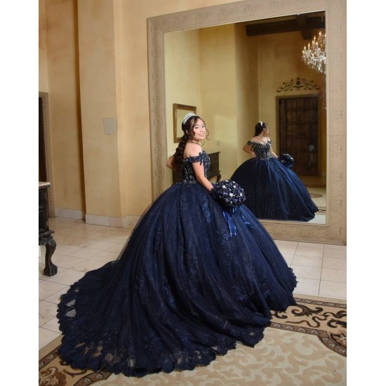 Sweetheart Neck Navy Blue Quinceanera Dress Sequin Off Shoulder 15 Dresses