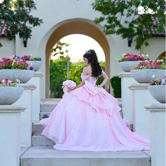 Sweetheart Neck Pink Quinceanera Dress Off Shoulder 15 Dresses With Bow