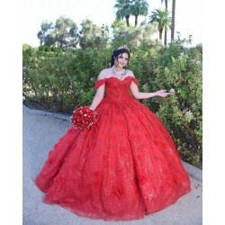 Sweetheart Neck Red Quince Dresses Metallic Sequin Off Shoulder 15 Dress