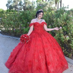 Sweetheart Neck Red Quince Dresses Metallic Sequin Off Shoulder 15 Dress