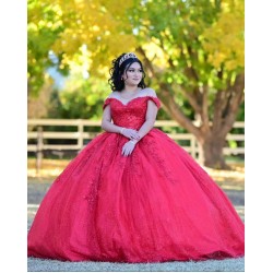 Sweetheart Neck Red Quinceanera Dress Metallic Sequin Off Shoulder 15 Dresses