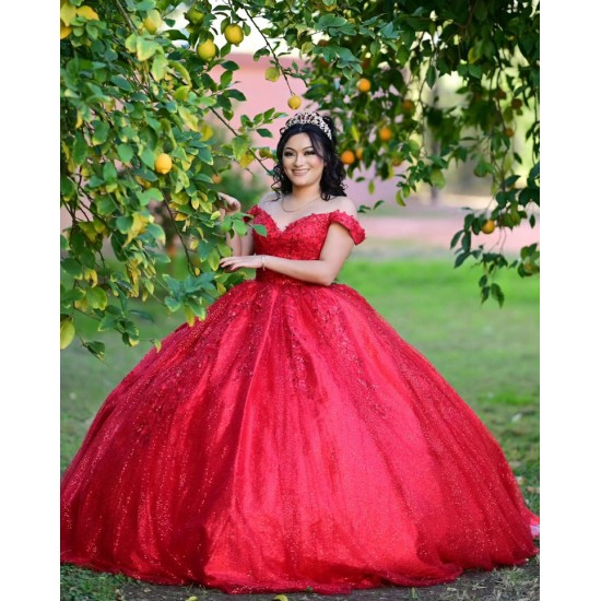 Sweetheart Neck Red Quinceanera Dress Metallic Sequin Off Shoulder 15 Dresses