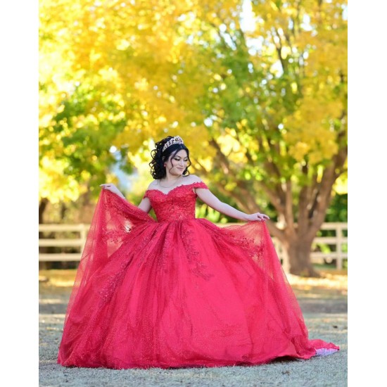 Sweetheart Neck Red Quinceanera Dress Metallic Sequin Off Shoulder 15 Dresses