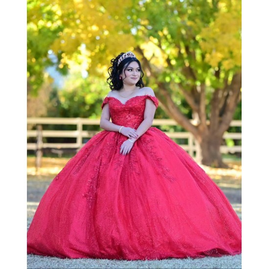 Sweetheart Neck Red Quinceanera Dress Metallic Sequin Off Shoulder 15 Dresses