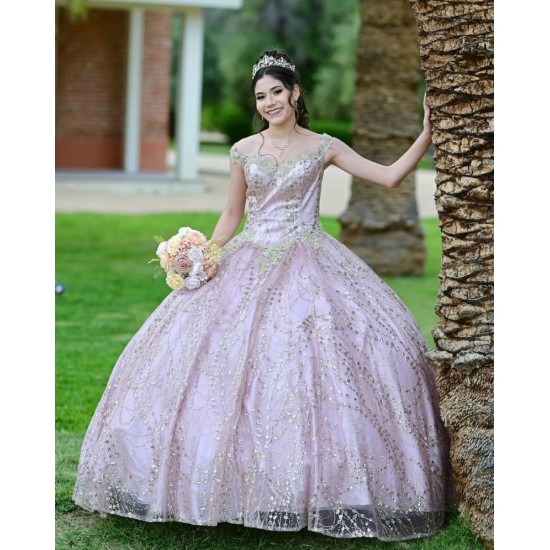 Sweetheart Neck Rose Glod Quinceanera Dress Metallic Sequin Off Shoulder 15 Dresses