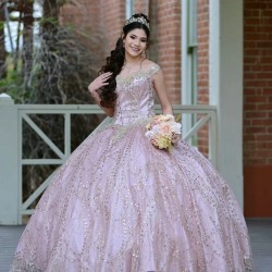 Sweetheart Neck Rose Glod Quinceanera Dress Metallic Sequin Off Shoulder 15 Dresses