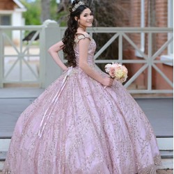 Sweetheart Neck Rose Glod Quinceanera Dress Metallic Sequin Off Shoulder 15 Dresses