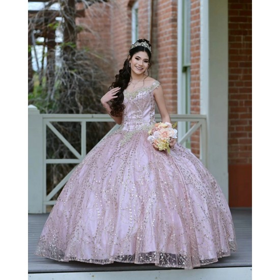 Sweetheart Neck Rose Glod Quinceanera Dress Metallic Sequin Off Shoulder 15 Dresses