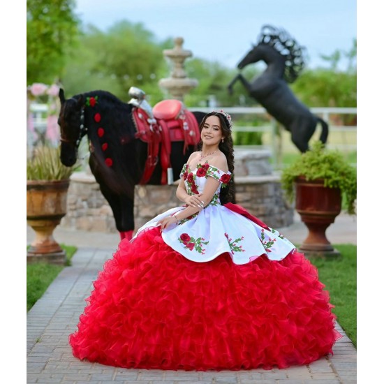 Sweetheart Neck Ruffled Red On White Quinceanera Dress Sleeveless 15 Dresses