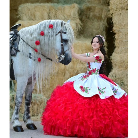 Sweetheart Neck Ruffled Red On White Quinceanera Dress Sleeveless 15 Dresses