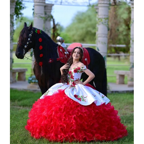 Sweetheart Neck Ruffled Red On White Quinceanera Dress Sleeveless 15 Dresses