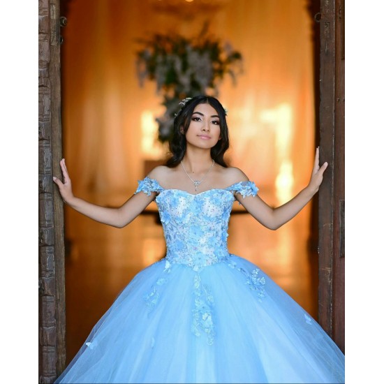 Sweetheart Neck Sky Blue Quinceanera Dress Lace Appliques Off Shoulder 15 Dresses