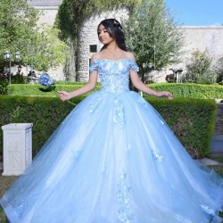 Sweetheart Neck Sky Blue Quinceanera Dress Lace Appliques Off Shoulder 15 Dresses