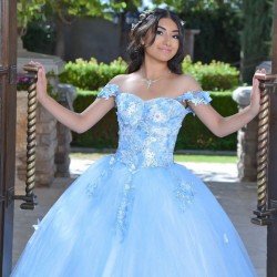 Sweetheart Neck Sky Blue Quinceanera Dress Lace Appliques Off Shoulder 15 Dresses