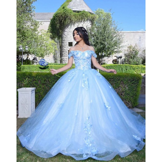 Sweetheart Neck Sky Blue Quinceanera Dress Lace Appliques Off Shoulder 15 Dresses