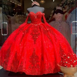 Sweetheart Red Quinceanera Dresses With Detachable Sleeves