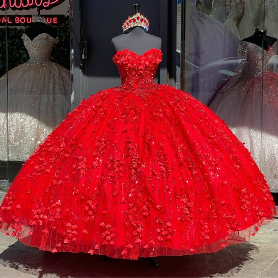 Three Dimensional Strapless Red Floral Quinceanera Dresses With Cape