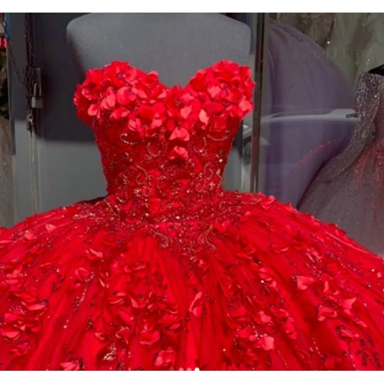 Three Dimensional Strapless Red Floral Quinceanera Dresses With Cape