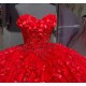 Three Dimensional Strapless Red Floral Quinceanera Dresses With Cape